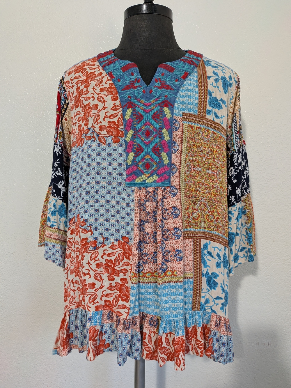 Caleaas Colorful Bohemian-Style Embroidered Tunic 3/4 Bell Sleeve Size XL